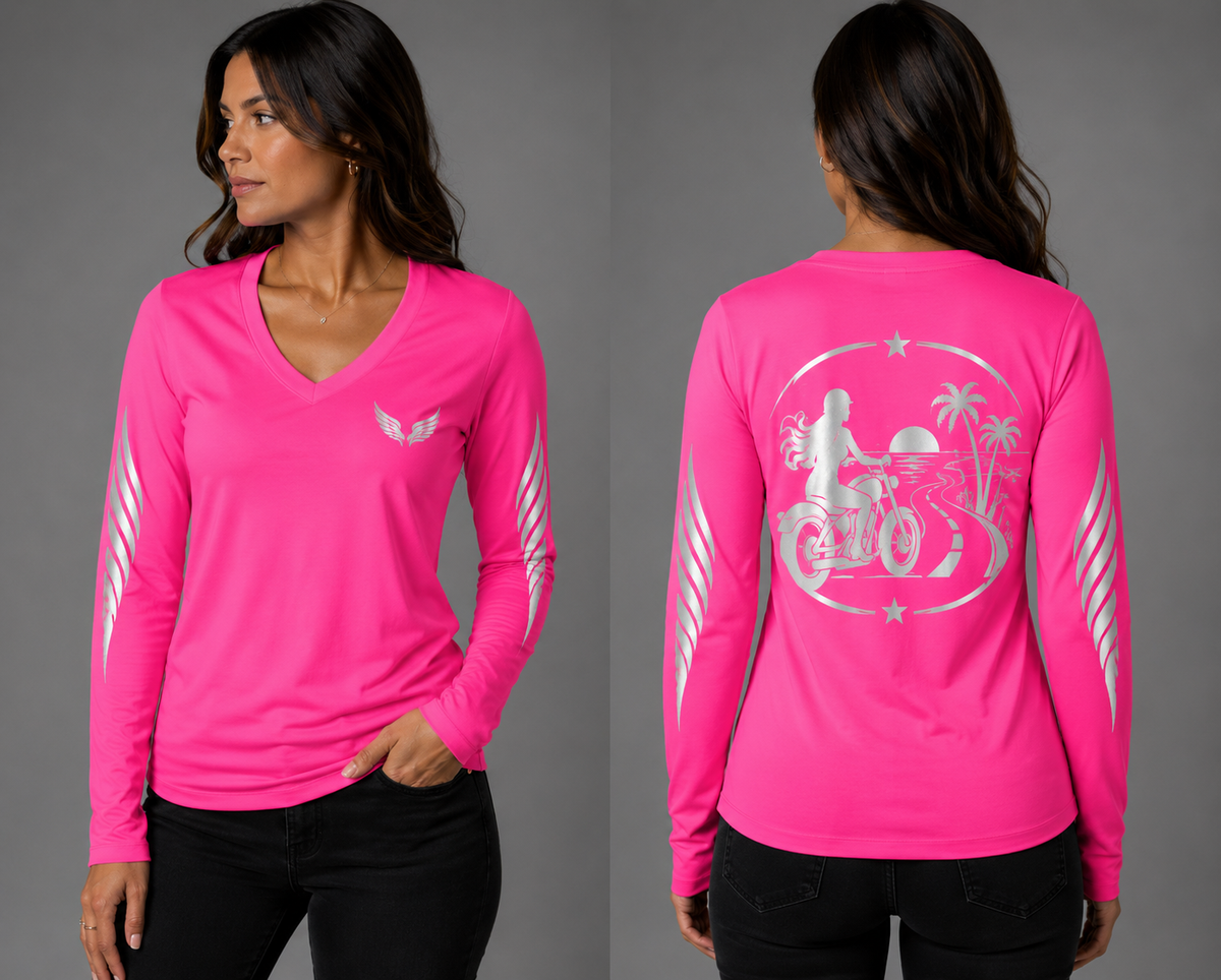 Endless Miles neon pink long sleeve reflective tee - front and back with model