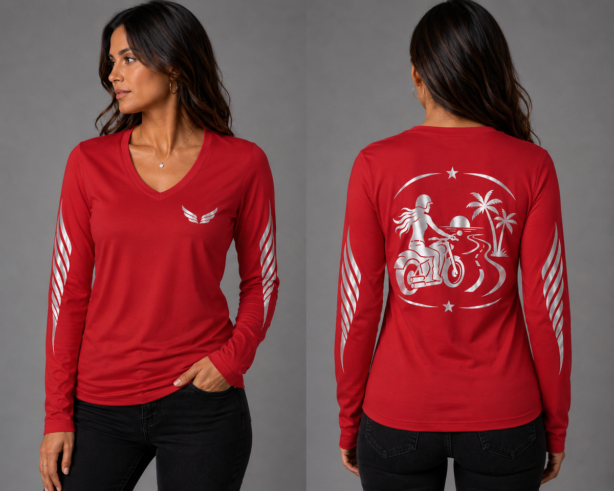 Endless Miles red long sleeve reflective tee - front and back with model
