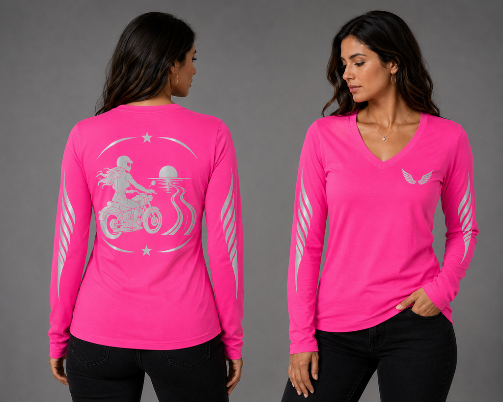 Asphalt Soul neon pink long sleeve reflective tee - front and back with model