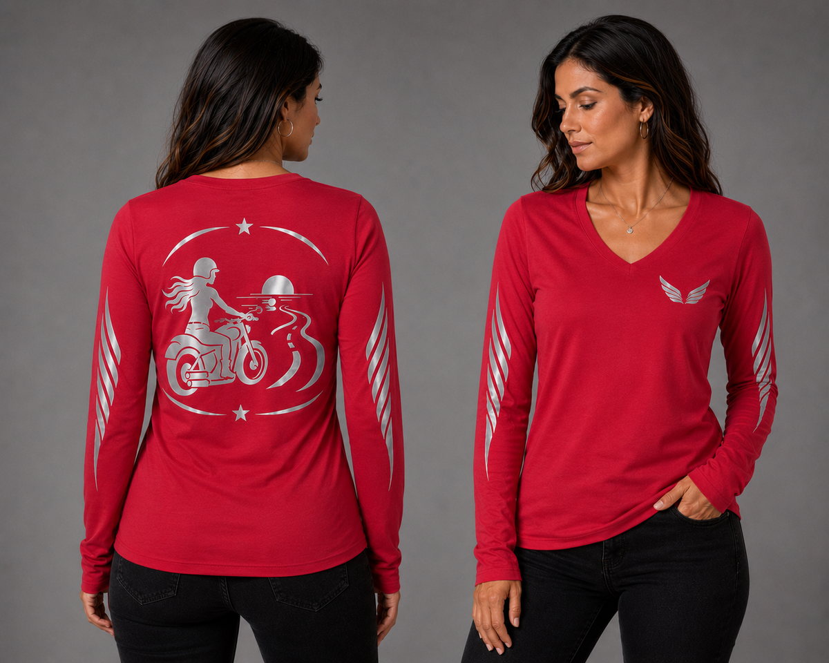 Asphalt Soul red long sleeve reflective tee - front and back with model