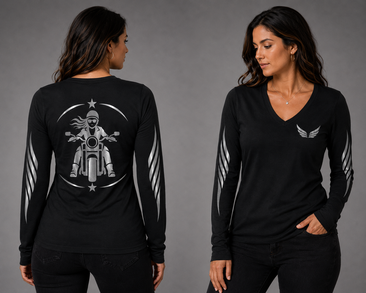 Rebel Spirit black long sleeve reflective tee - front and back with model