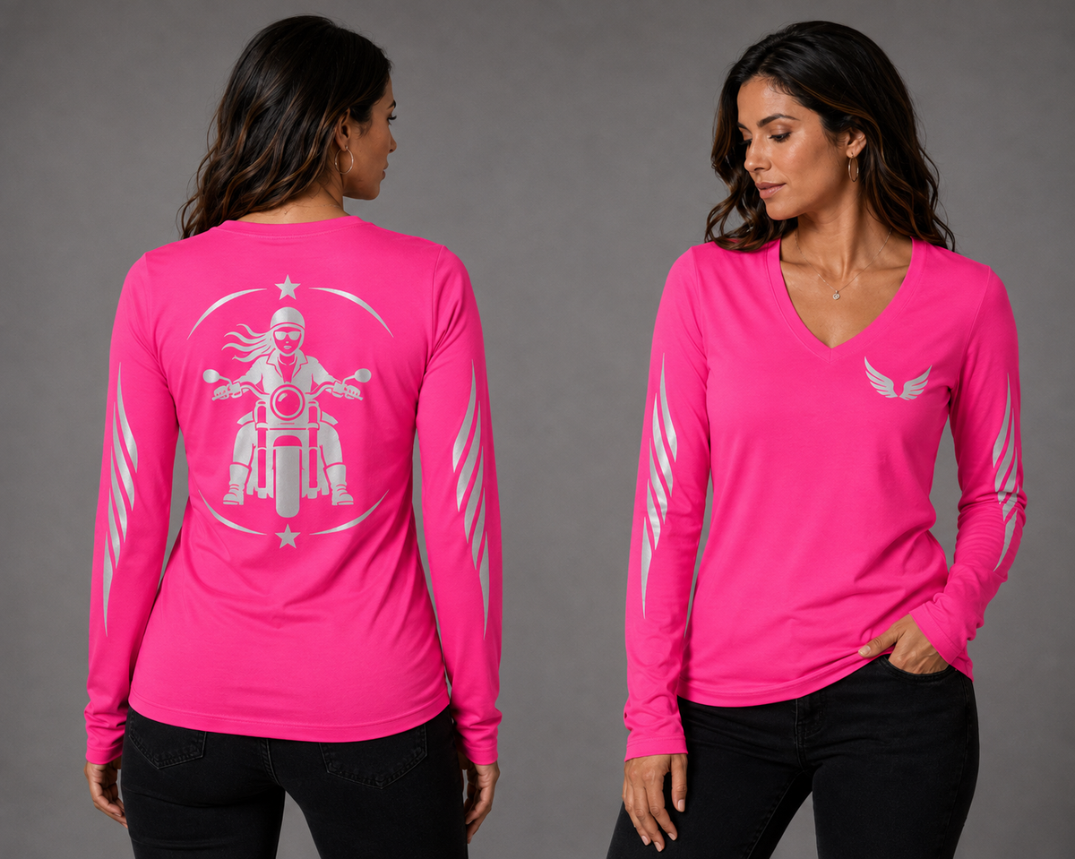Rebel Spirit neon pink long sleeve reflective tee - front and back with model