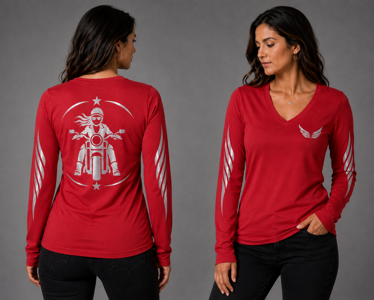 Rebel Spirit red long sleeve reflective tee - front and back with model
