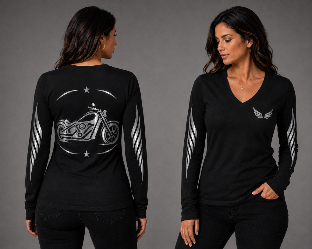 Ride Bold black long sleeve reflective tee - front and back with model