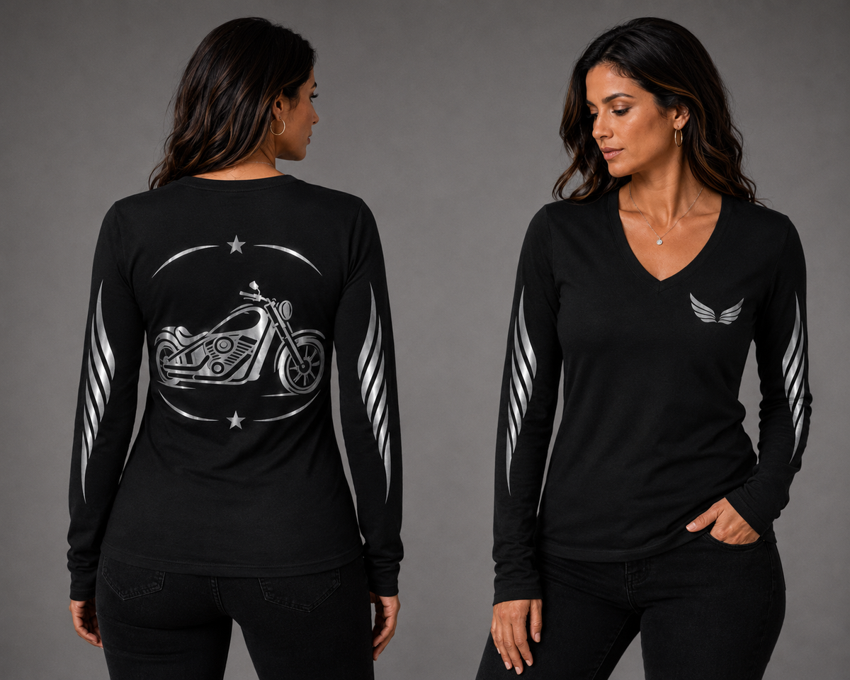 Ride Bold black long sleeve reflective tee - front and back with model