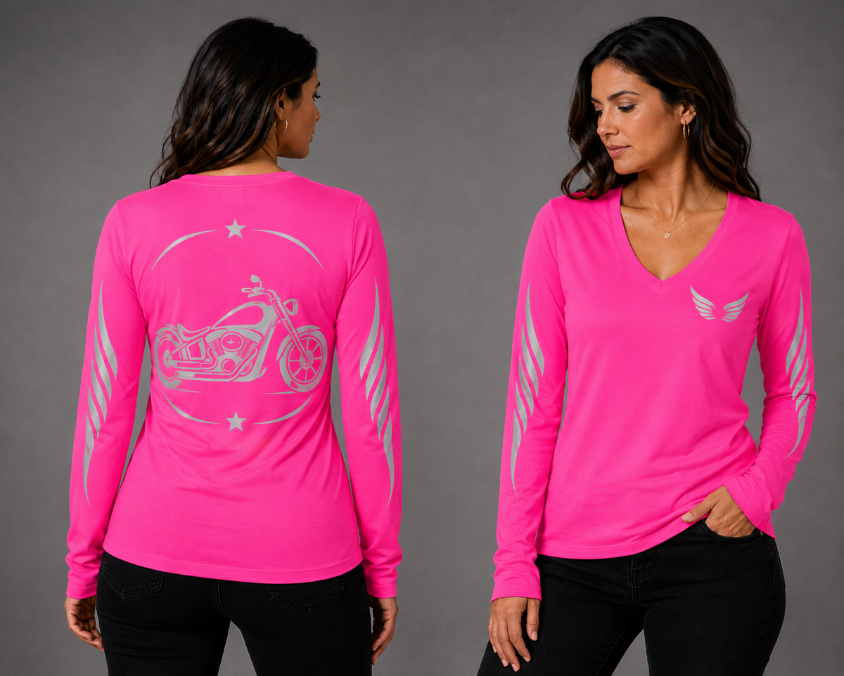 Ride Bold neon pink long sleeve reflective tee - front and back with model