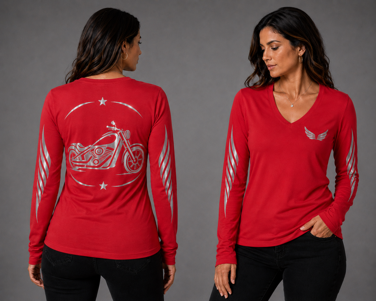 Ride Bold red long sleeve reflective tee - front and back with model