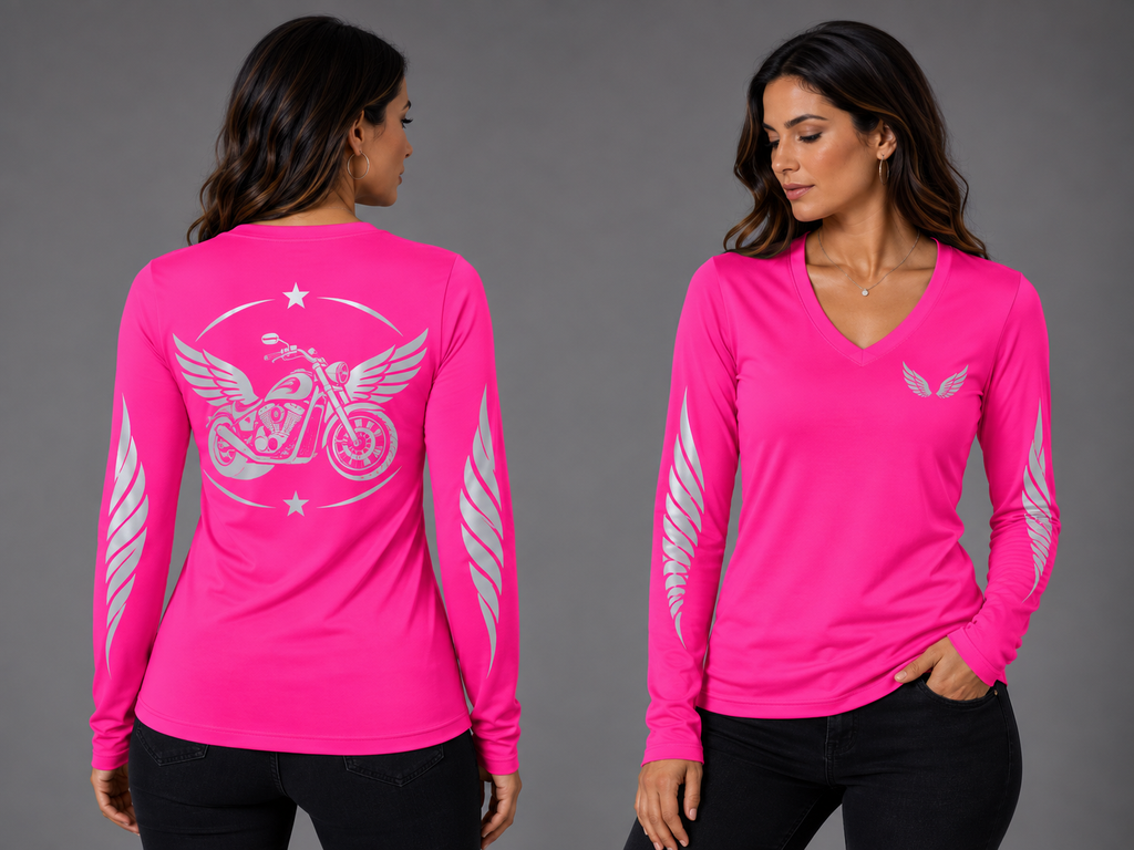 Unstoppable neon pink long sleeve reflective tee - front and back with model