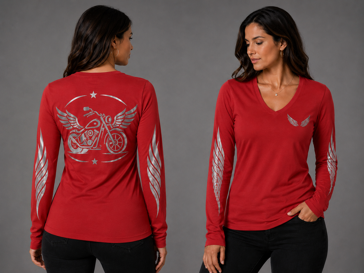 Unstoppable red long sleeve reflective tee - front and back with model