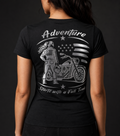 Adventure Starts With a Full Tank reflective women's V-neck tee - back view showing woman rider beside cruiser with American flag and scripted text reflective vinyl design