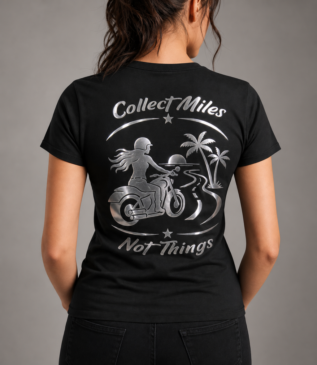 Collect Miles Not Things So Flo reflective women's biker t-shirt