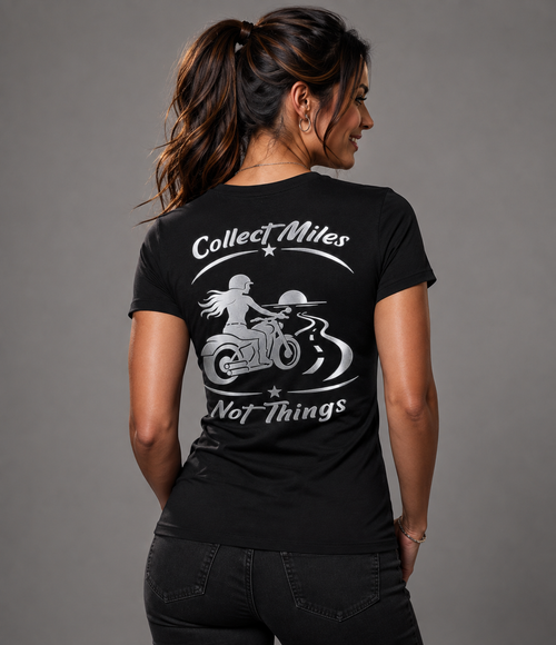 Collect Miles Not Things reflective women's biker t-shirt sunset oval design