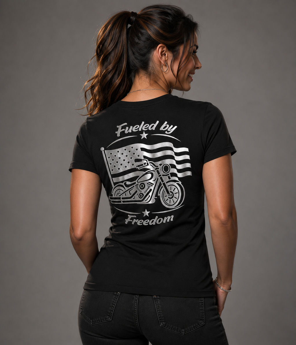 Fueled by Freedom reflective women's patriotic biker t-shirt