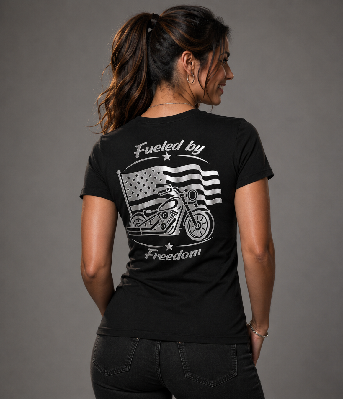 Fueled by Freedom reflective women's patriotic biker t-shirt