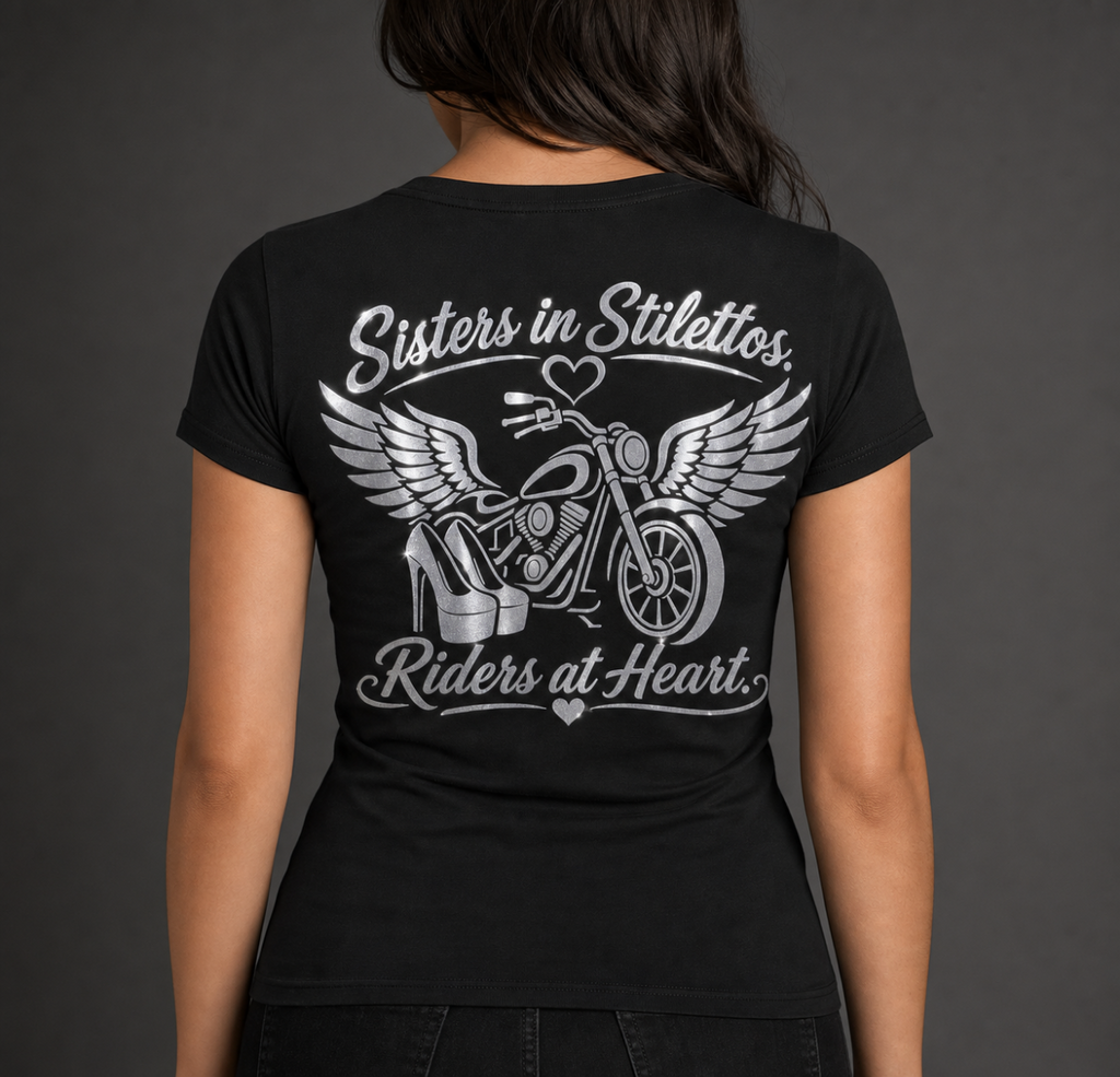 Sisters in Stilettos Riders at Heart reflective women's biker t-shirt