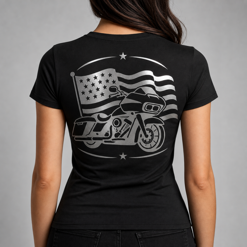 Chrome Dreams reflective women's motorcycle V-neck tee - back view showing touring bagger with waving American flag reflective vinyl design