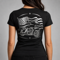 Chrome Dreams reflective women's motorcycle V-neck tee - back view showing touring bagger with waving American flag reflective vinyl design
