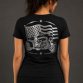Freedom On Three reflective women's V-neck tee - back view showing trike with waving American flag reflective vinyl design