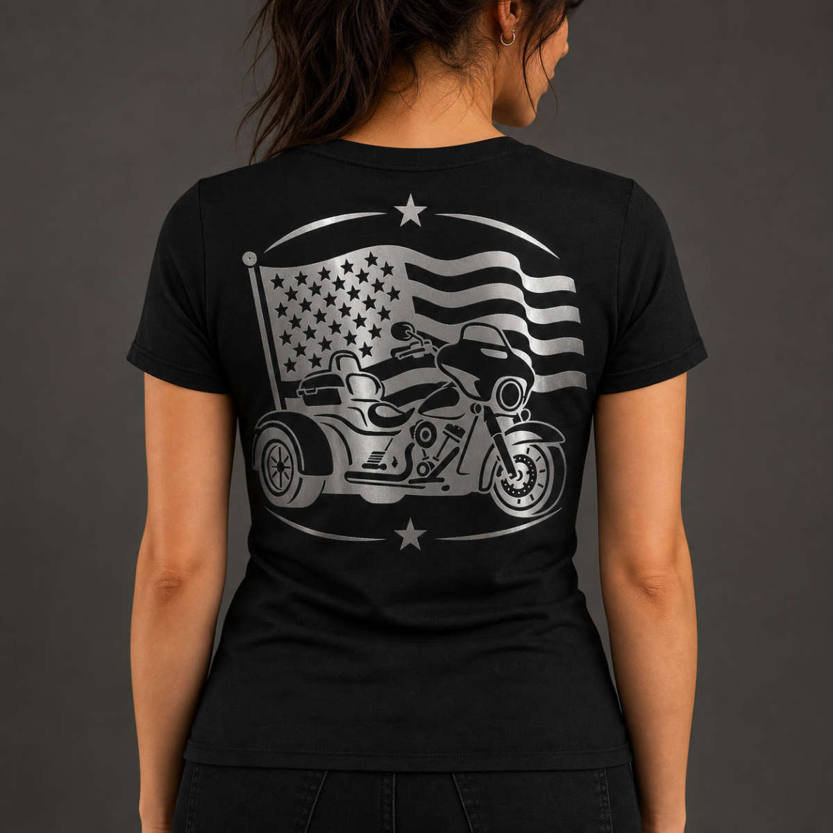 Freedom On Three reflective women's V-neck tee - back view showing trike with waving American flag reflective vinyl design