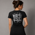 Three Wheel Freedom reflective women's V-neck tee - back view showing Can-Am spyder with waving American flag reflective vinyl design