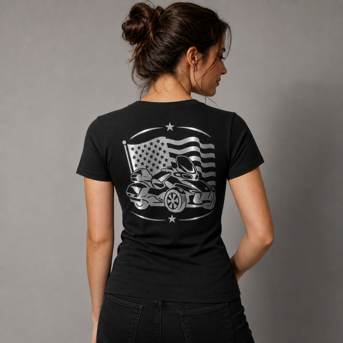 Three Wheel Freedom reflective women's V-neck tee - back view showing Can-Am spyder with waving American flag reflective vinyl design