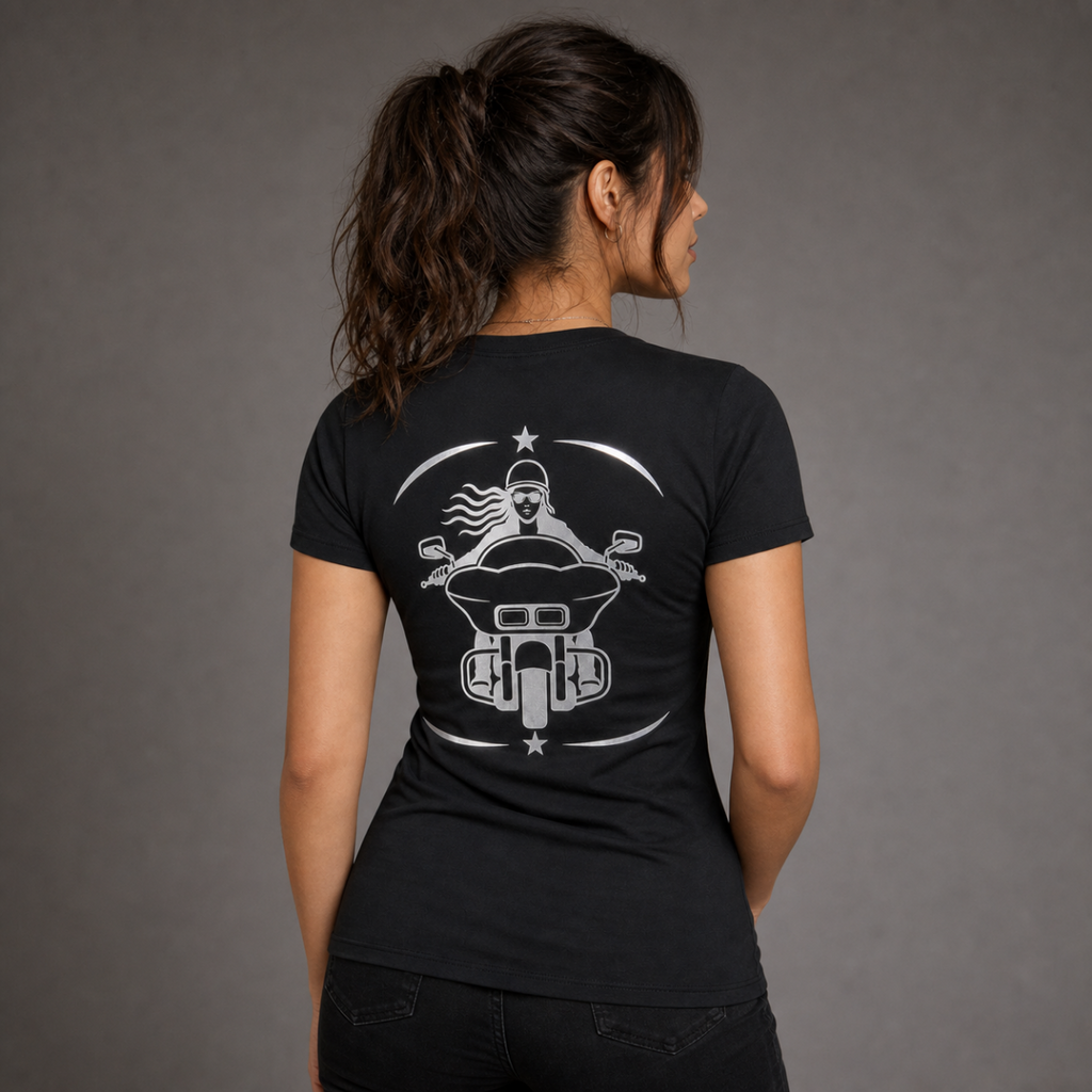 Road Queen reflective women's motorcycle V-neck tee - back view showing front-facing woman rider on touring bagger with star frame reflective vinyl design