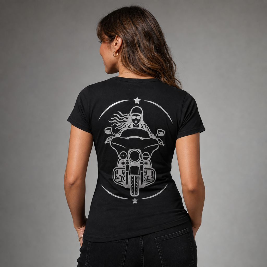 Street Queen reflective women's motorcycle V-neck tee - back view showing front-facing woman rider on bagger in circular star frame reflective vinyl design