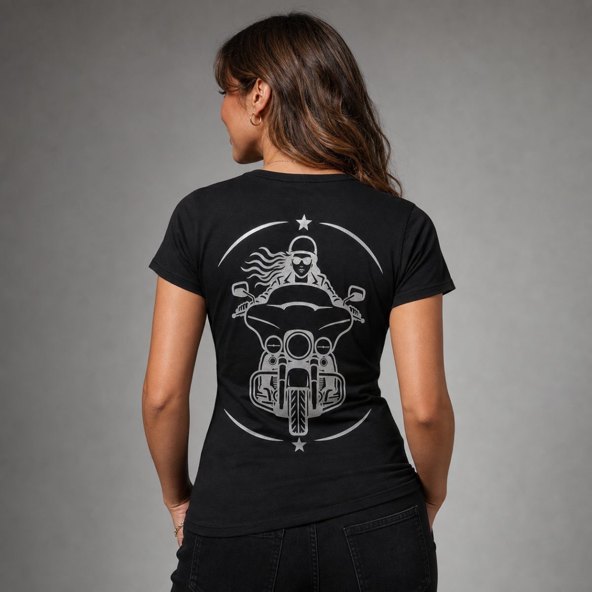 Street Queen reflective women's motorcycle V-neck tee - back view showing front-facing woman rider on bagger in circular star frame reflective vinyl design