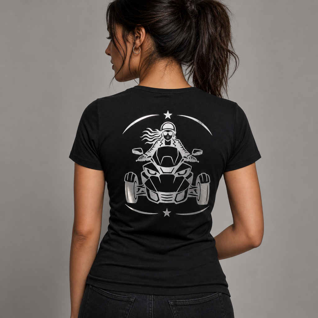 Ride Beyond reflective women's V-neck tee - back view showing woman rider on Can-Am Ryker spyder in crescent star frame reflective vinyl design