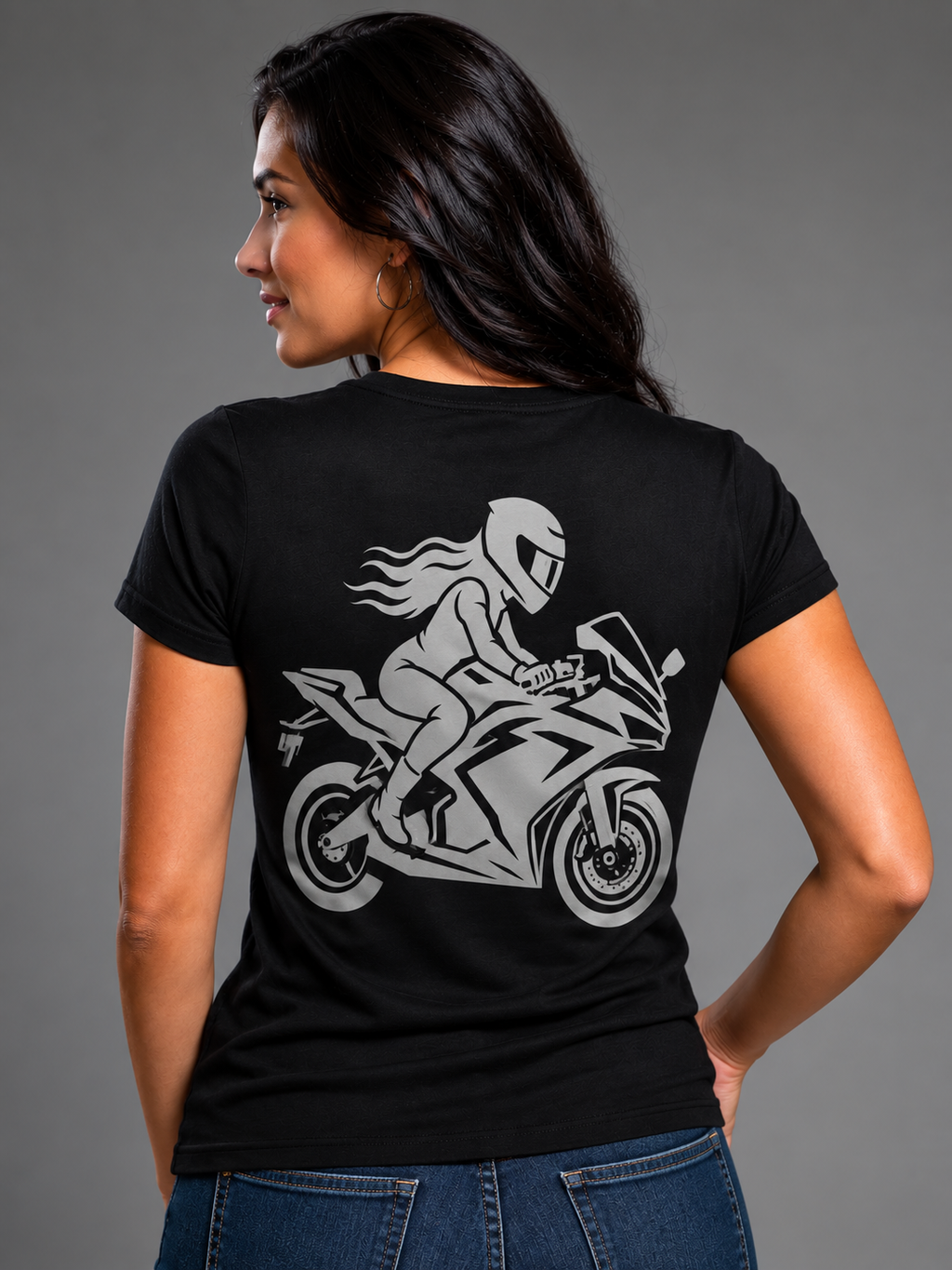 Velocity Queen reflective women's motorcycle V-neck tee - back view showing woman sport bike rider leaning into curve reflective vinyl design