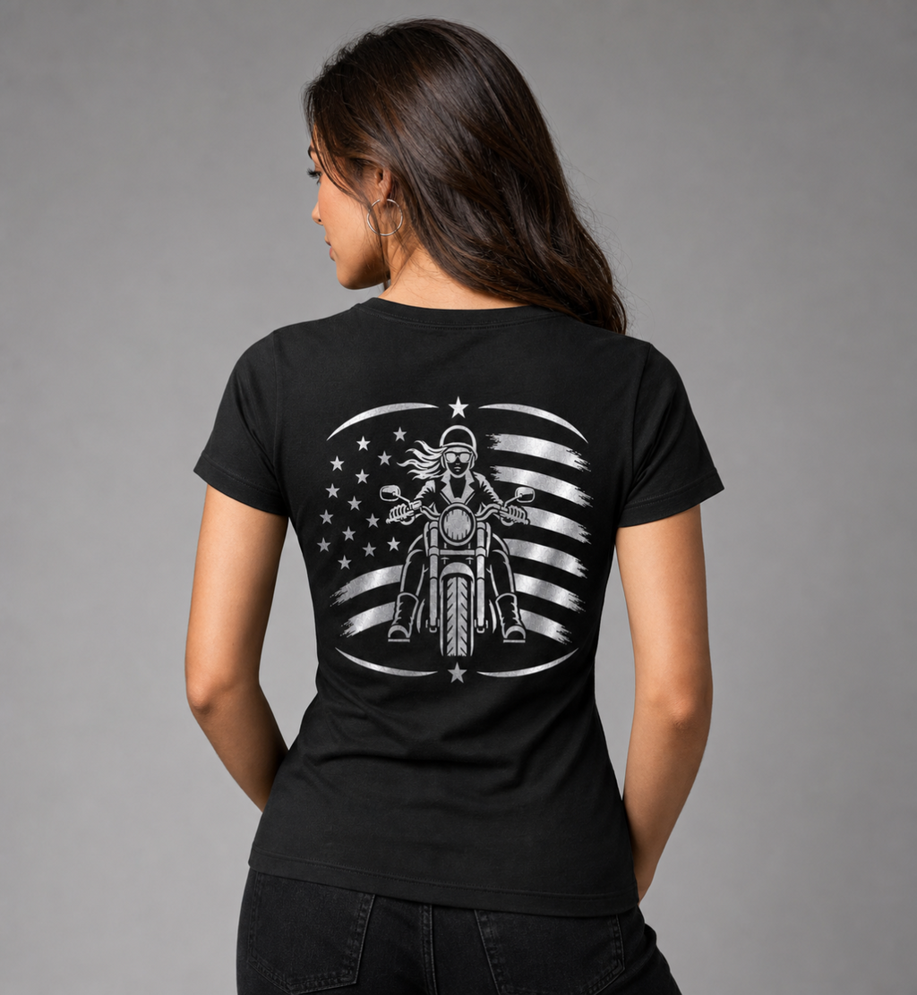 American Thunder reflective women's motorcycle V-neck tee - back view showing woman rider with American flag reflective vinyl design