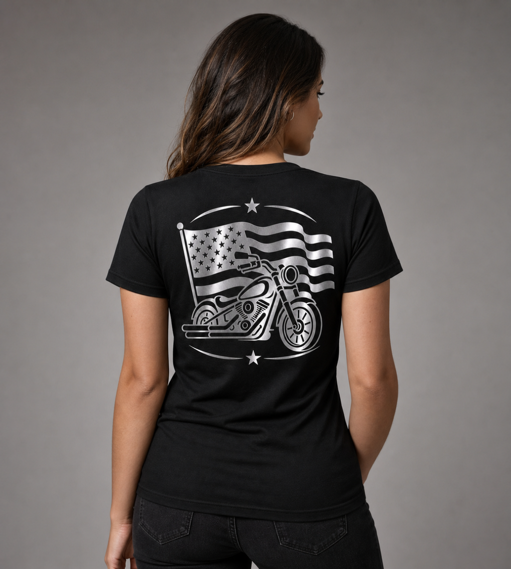 Iron Legacy reflective women's motorcycle V-neck tee - back view showing classic chopper with American flag reflective vinyl design