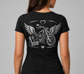 Steel Wings reflective women's motorcycle V-neck tee - back view showing winged chopper with heels and hearts reflective vinyl design