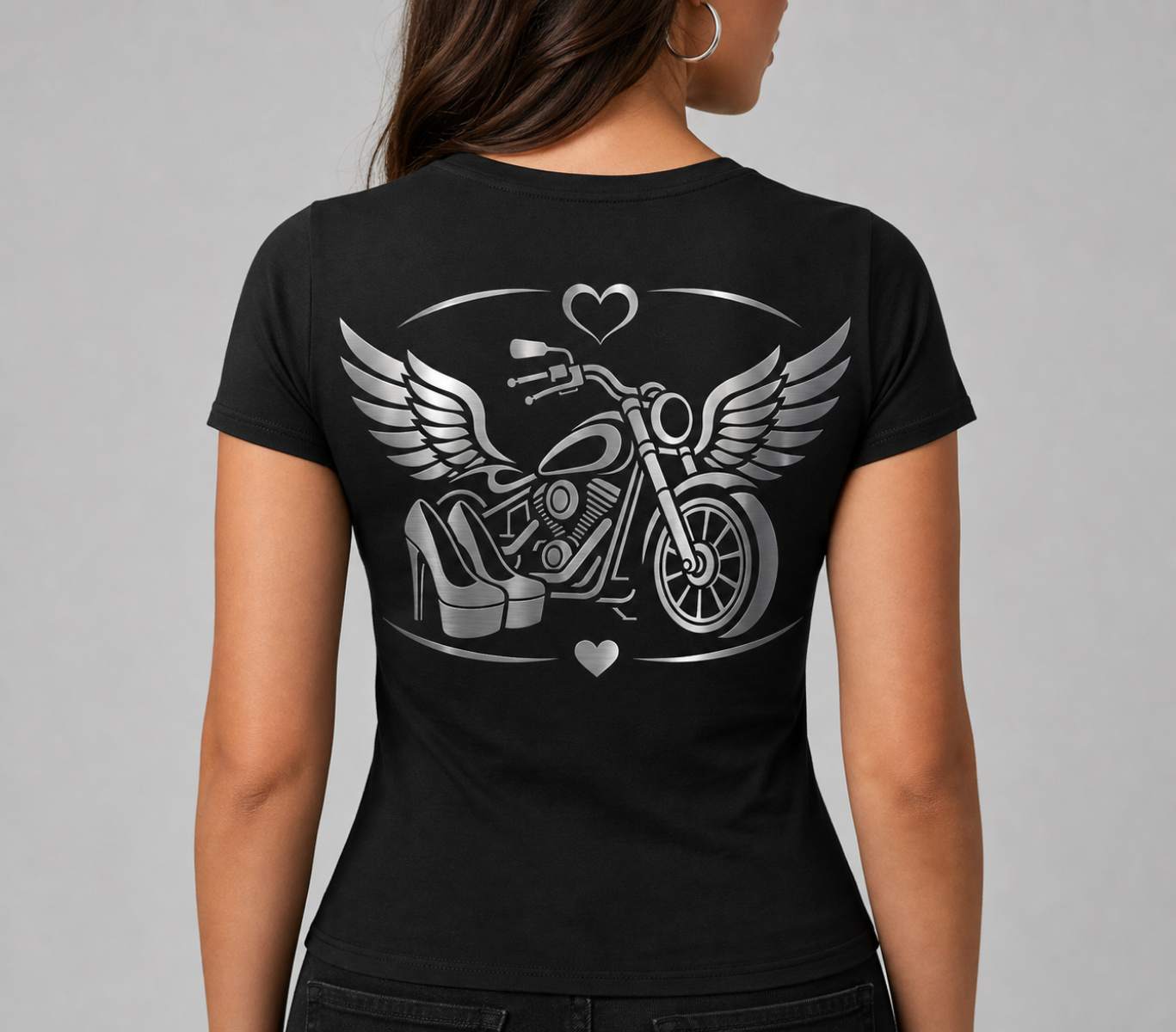 Steel Wings reflective women's motorcycle V-neck tee - back view showing winged chopper with heels and hearts reflective vinyl design