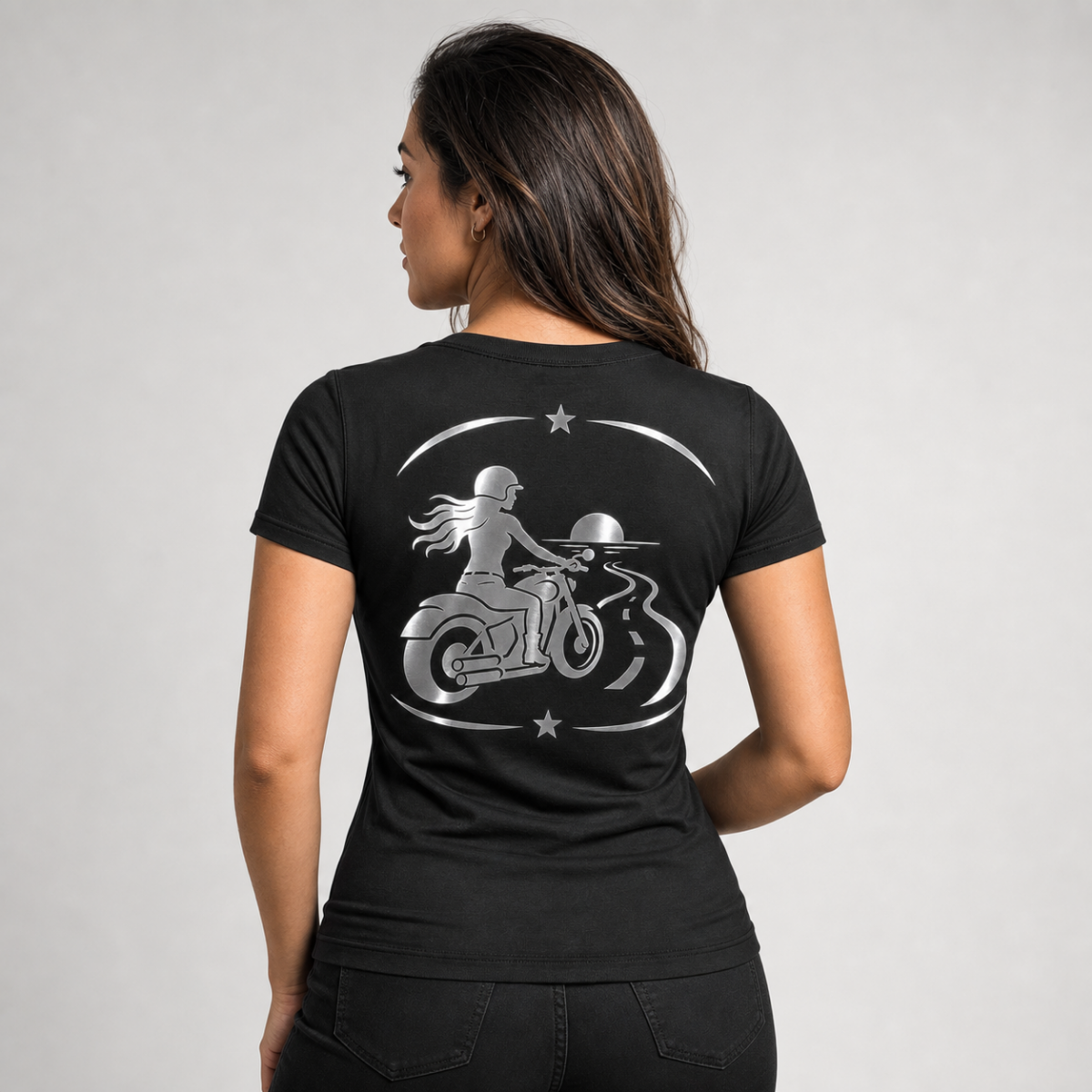 Asphalt Soul reflective women's motorcycle V-neck tee - back view showing woman rider silhouette on winding road toward sunset