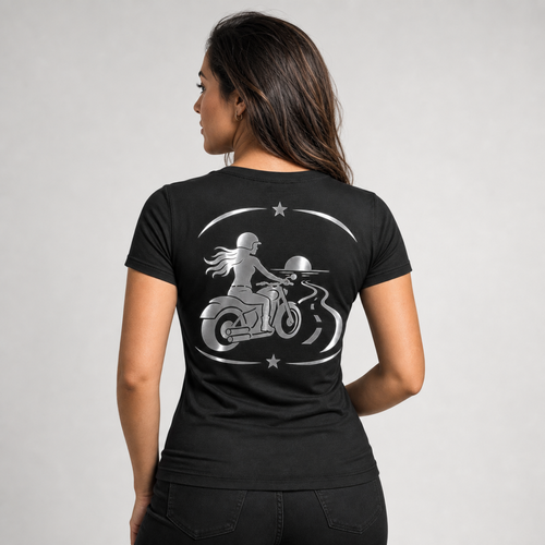 Asphalt Soul reflective women's motorcycle V-neck tee - back view showing woman rider silhouette on winding road toward sunset