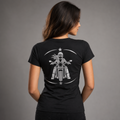 Rebel Spirit reflective women's motorcycle V-neck tee - back view showing front-facing woman rider with star and crescent frame reflective vinyl design