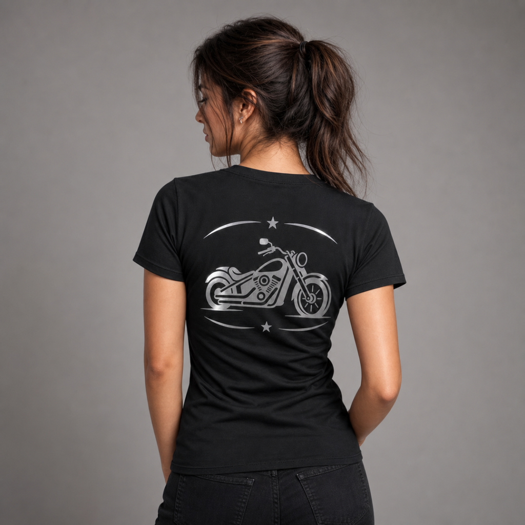 Ride Bold reflective women's motorcycle V-neck tee - back view showing classic chopper with star and crescent frame reflective vinyl design