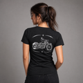 Ride Bold reflective women's motorcycle V-neck tee - back view showing classic chopper with star and crescent frame reflective vinyl design
