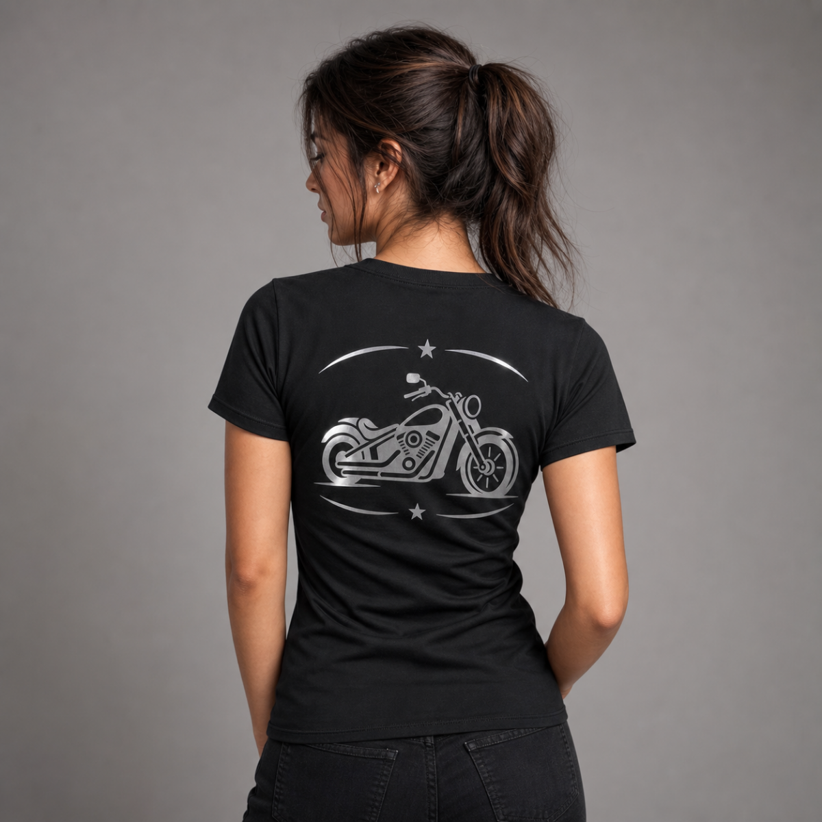 Ride Bold reflective women's motorcycle V-neck tee - back view showing classic chopper with star and crescent frame reflective vinyl design