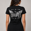 Unstoppable reflective women's motorcycle V-neck tee - back view showing winged chopper with stars reflective vinyl design