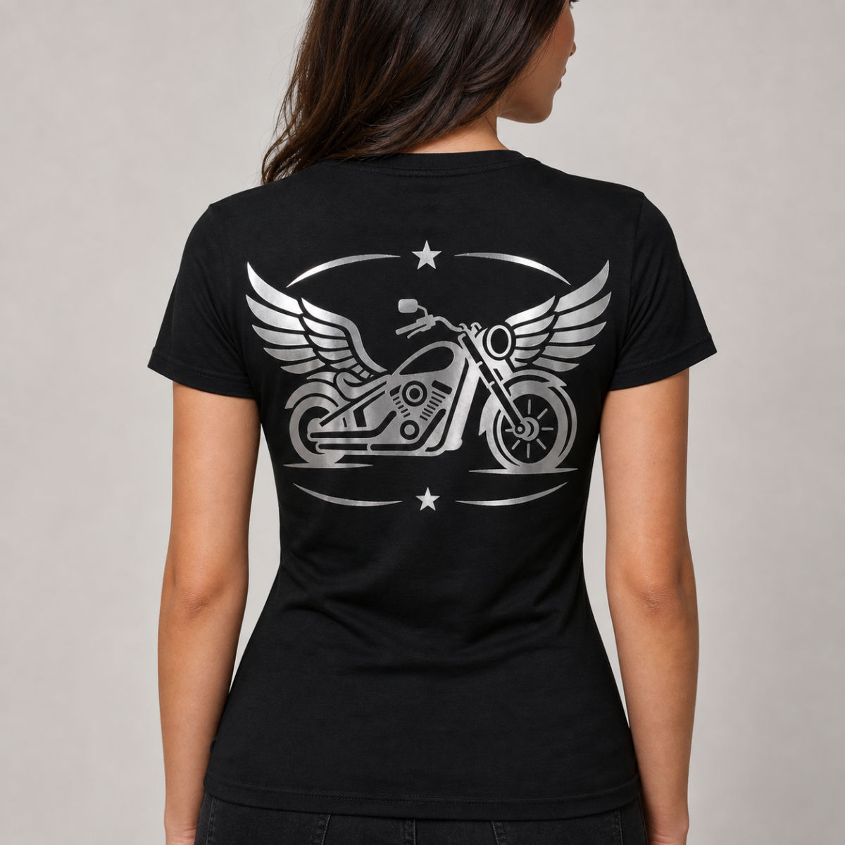 Unstoppable reflective women's motorcycle V-neck tee - back view showing winged chopper with stars reflective vinyl design